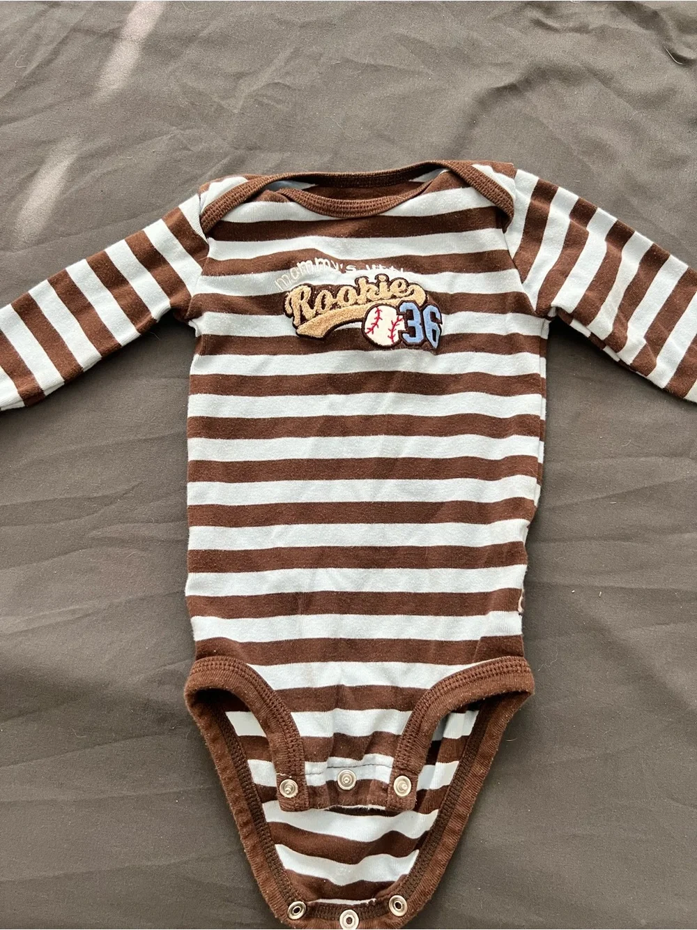 Brown & White Striped Mommy’s Little 'Rookie' Baseball One-Piece